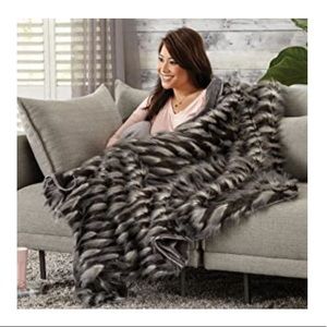 NAP Luxury Peacock Faux Fur Brookstone Charcoal Grey Throw Blanket n.a.p NWT